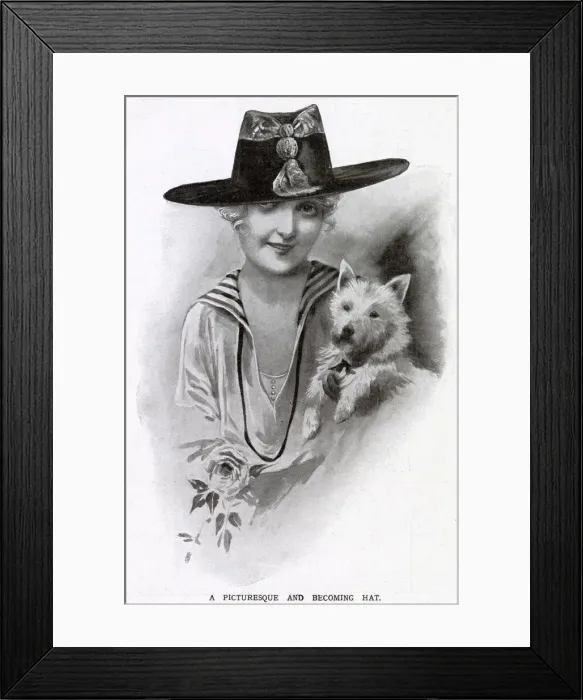 Framed Print : Woman holding a dog wearing a hat made of black taffeta, with a crown of beige moire Framed Print : Woman holding a dog wearing a hat made of black taffeta, with a crown of beige moire