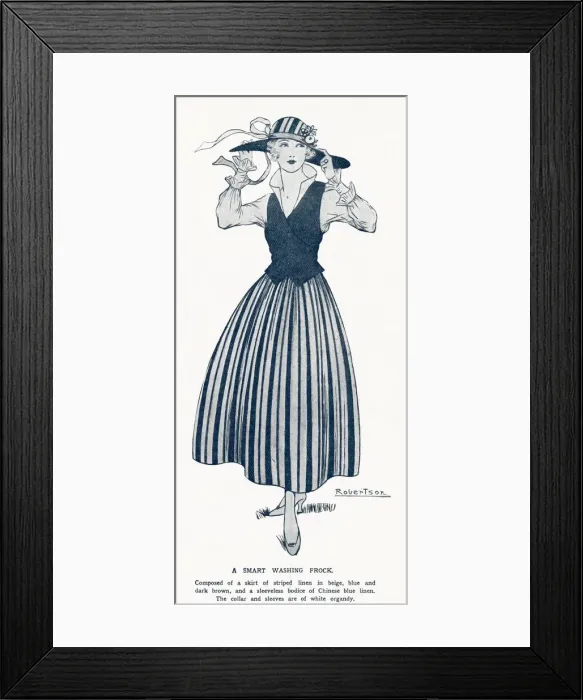 Framed Print : Woman in smart washing frock, of striped linen from the Ladies page of the Illustrated