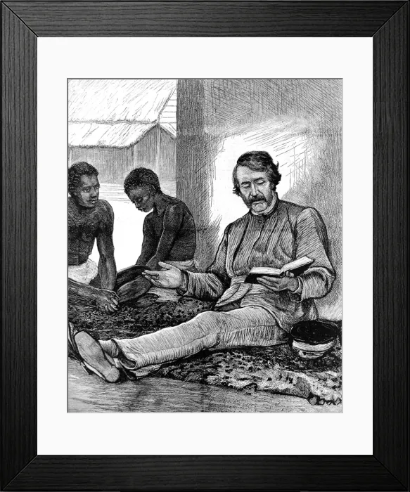 Framed Print : Dr. Livingstone reading the Bible to some of his African hel