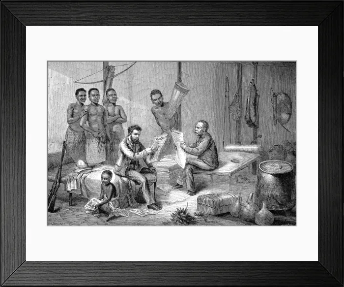 Framed Print : Sir Henry Morton Stanley and Dr. David Livingstone Reading N