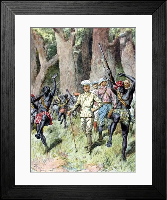 Framed Print : Sir Henry Morton Stanley and his men exit a forest, Central Framed Print : Sir Henry Morton Stanley and his men exit a forest, Central