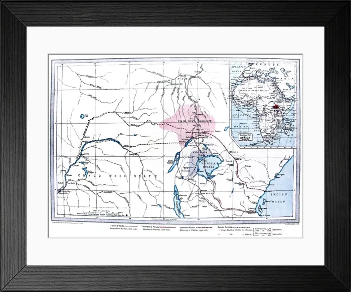 Framed Print : Map of Central Africa showing the likely routes of the Emin