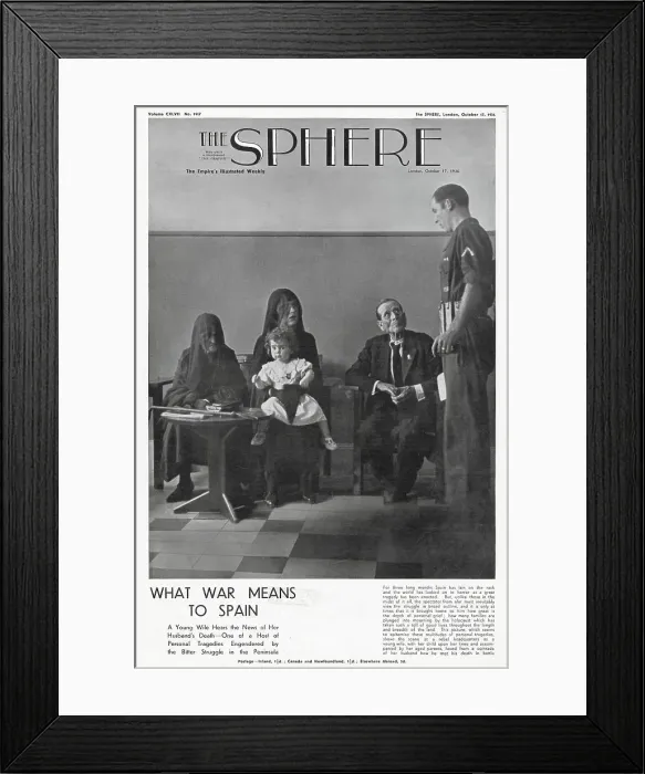 Framed Print : The scene at a Nationalist headquarters as a young widow (centre, with child) hears about her husband's death in action, from one of his former comrades, during the Spanish Civil War, 1936. The widow is seen flanked by her parents. Date: 1936 Framed Print : The scene at a Nationalist headquarters as a young widow (centre, with child) hears about her husband's death in action, from one of his former comrades, during the Spanish Civil War, 1936. The widow is seen flanked by her parents. Date: 1936