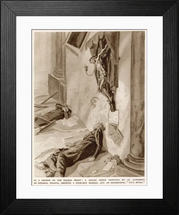 Framed Print : A scene in a church, with the priests dead and the poor-box robbed, during the Spanish Civil War. On the wall, a hammer and sickle motif and the legend Viva Russia has been painted