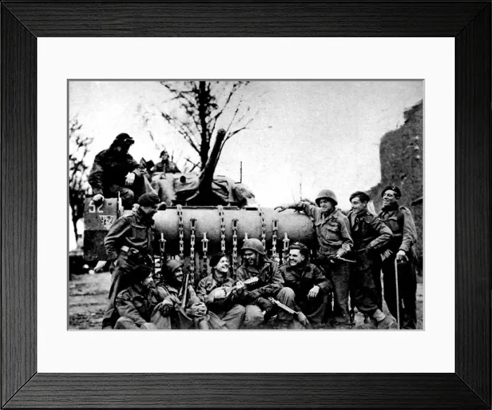 Framed Print : British and American troops singing beside a Sherman Flail T Framed Print : British and American troops singing beside a Sherman Flail T