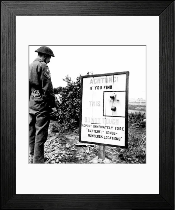 Framed Print : Butterfly Bombs Warning Notice, Italy, 1944 Framed Print : Butterfly Bombs Warning Notice, Italy, 1944