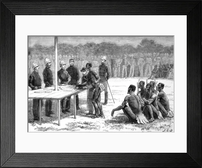 Framed Print : The end of the Zulu war. Zulu chiefs signing the peace stipu Framed Print : The end of the Zulu war. Zulu chiefs signing the peace stipu