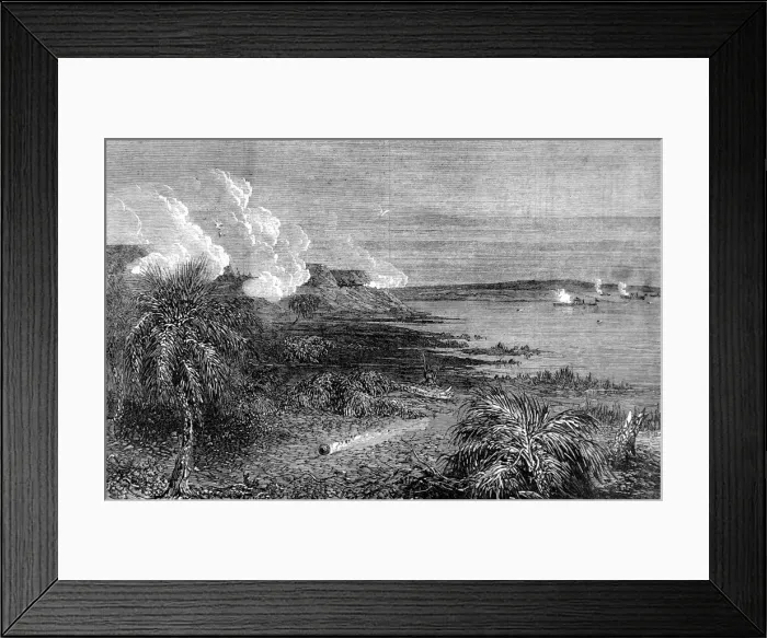 Framed Print : The Civil war in America. Attack by Federal gun boats on For