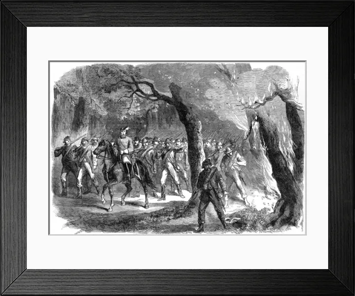 Framed Print : Confederate Troops moving through a burning forest; American Framed Print : Confederate Troops moving through a burning forest; American