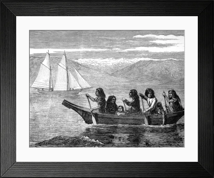 Framed Print : American Indians. Native Canoe on the coast of British Colum Framed Print : American Indians. Native Canoe on the coast of British Colum