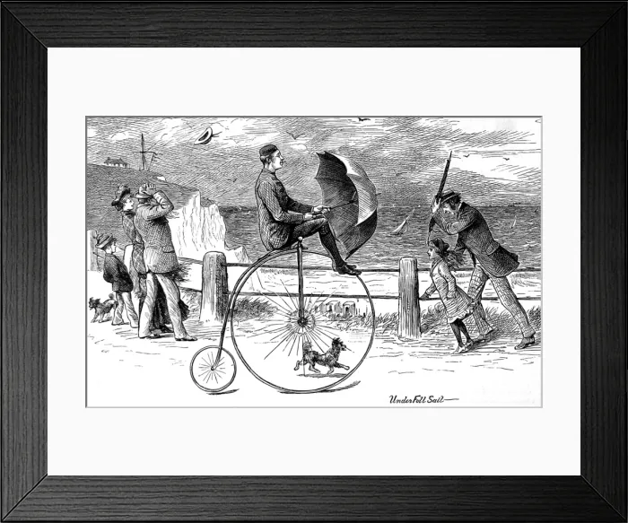 Framed Print : Penny Farthing Bicycle under full sail, 1890 Framed Print : Penny Farthing Bicycle under full sail, 1890