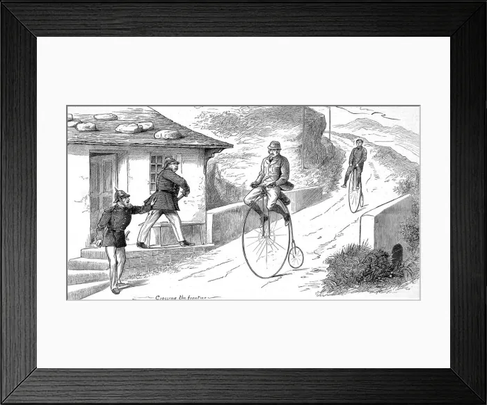 Framed Print : Cyclists at a European Frontier on a Penny Farthing Framed Print : Cyclists at a European Frontier on a Penny Farthing