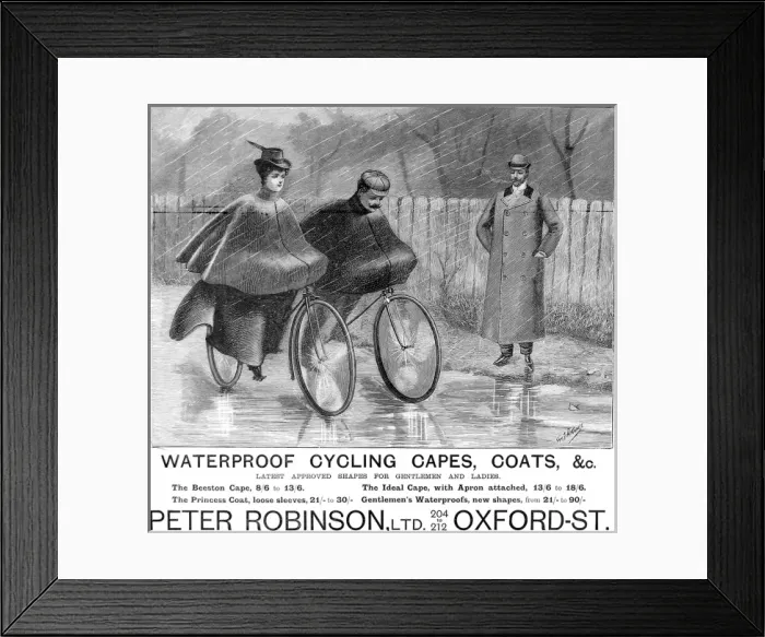 Framed Print : Advertisement for Peter Robinsons Waterproof Cycling Capes Framed Print : Advertisement for Peter Robinsons Waterproof Cycling Capes
