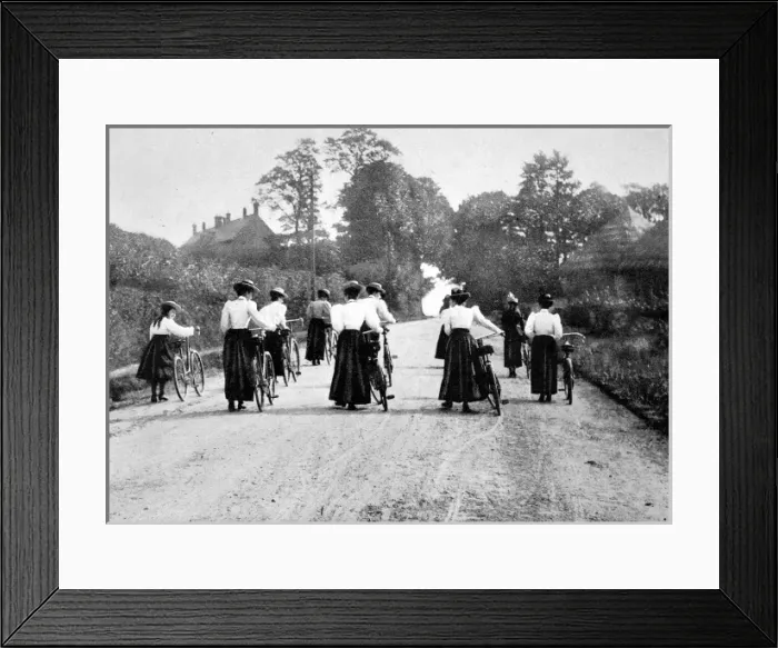 Framed Print : Victorian Women Cyclists Pushing their Bicycles, c. 1898