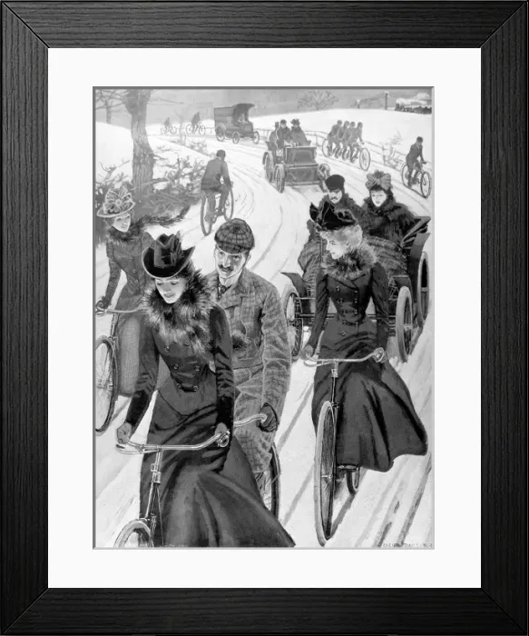 Framed Print : Victorian Cyclists and Motorists on a Snowy Road