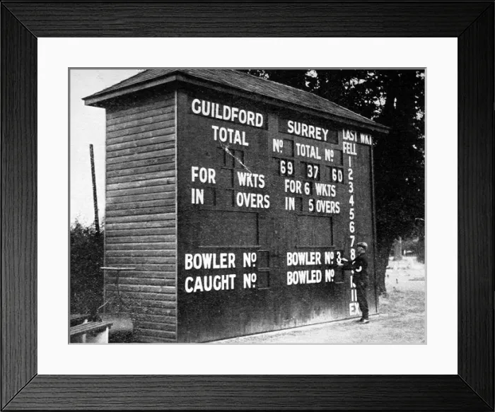 Framed Print : Cricket Scoreboard at Guildford, Surrey, 1938 Framed Print : Cricket Scoreboard at Guildford, Surrey, 1938