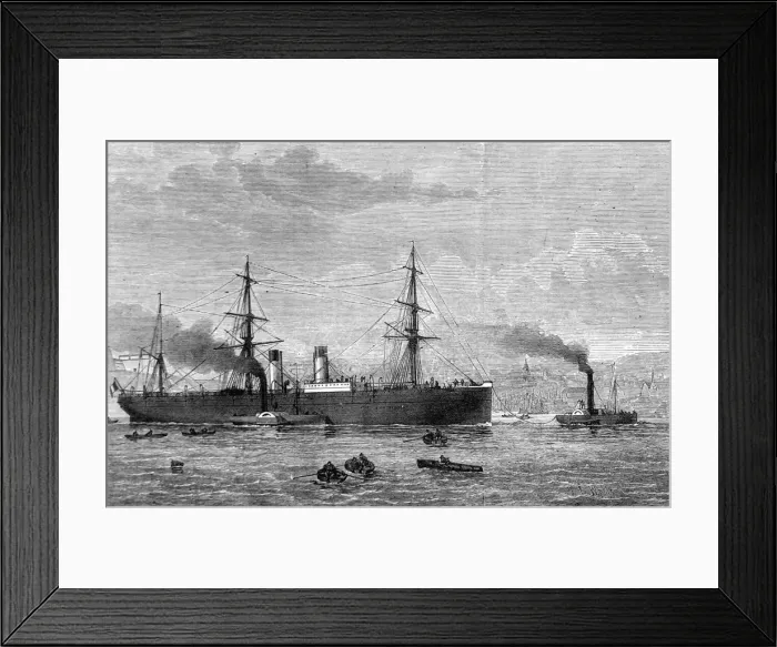 Framed Print : SS Amerique being towed into Plymouth, Devon, 1874 Framed Print : SS Amerique being towed into Plymouth, Devon, 1874