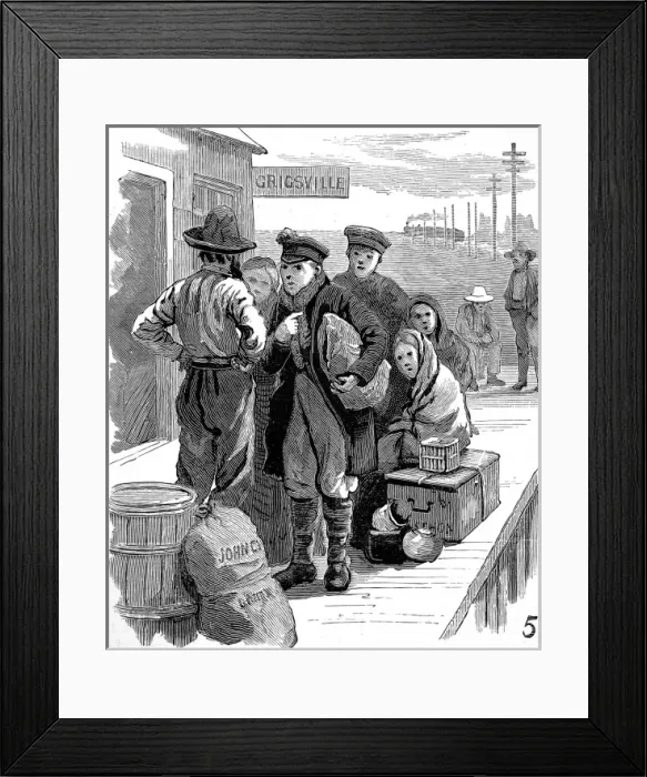 Framed Print : Emigrants arriving at a train station in the Mid-West of Ame Framed Print : Emigrants arriving at a train station in the Mid-West of Ame