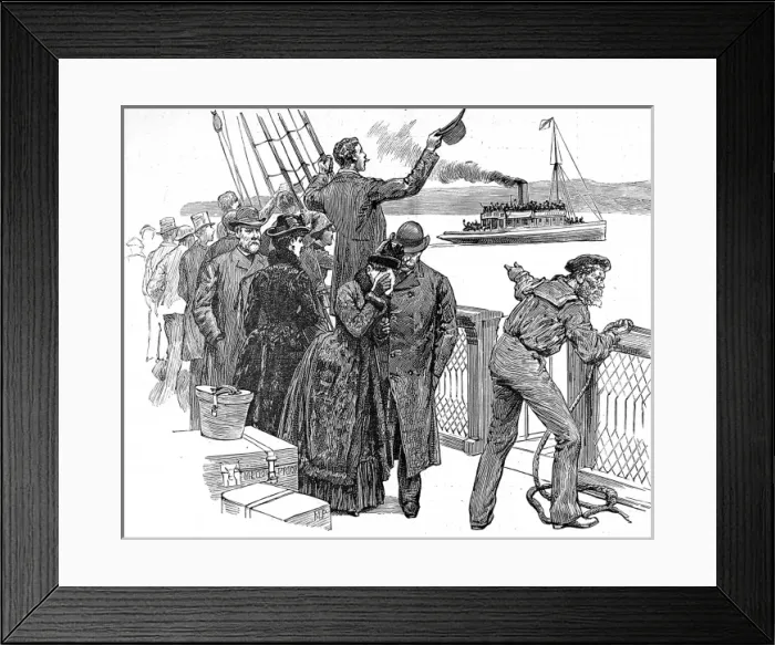 Framed Print : Passengers on a Trans-Atlantic steamer waving goodbye to Framed Print : Passengers on a Trans-Atlantic steamer waving goodbye to