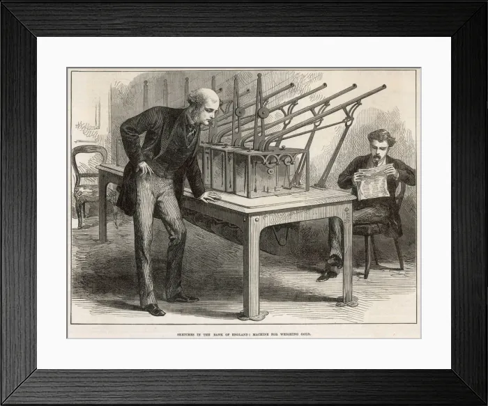 Framed Print : Sketches in the Bank of England. Machine for weighing coins Framed Print : Sketches in the Bank of England. Machine for weighing coins