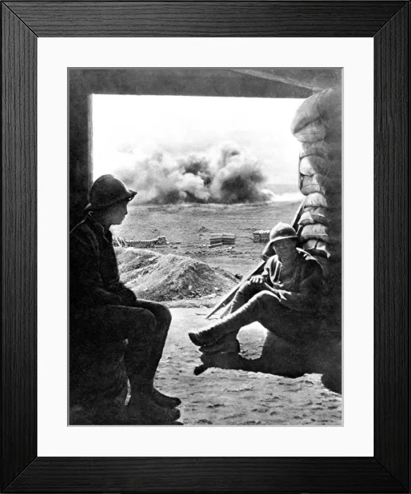 Framed Print : French soldiers taking cover from artillery fire inside a ca