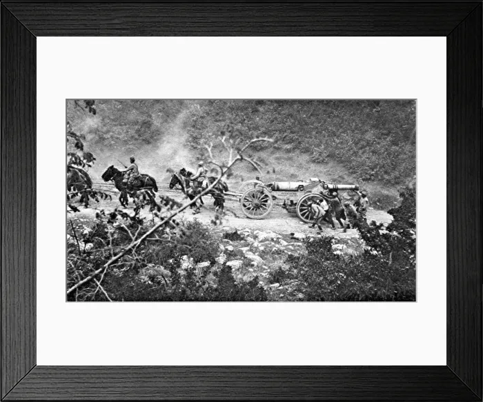Framed Print : A heavy gun battery moving uphill during the Balkan campaign Framed Print : A heavy gun battery moving uphill during the Balkan campaign