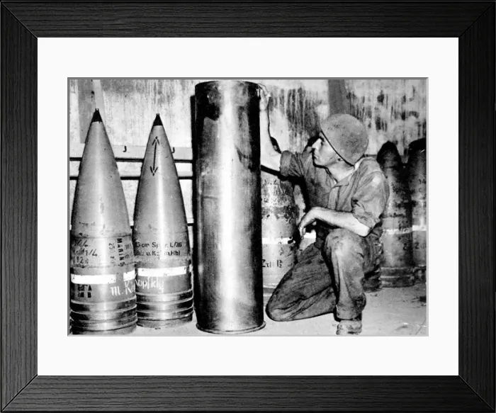 Framed Print : Canadian Gunner with German Munitions, France; Second World