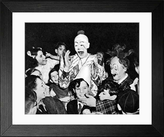 Framed Print : Clowns and children at the circus, 1948 Framed Print : Clowns and children at the circus, 1948