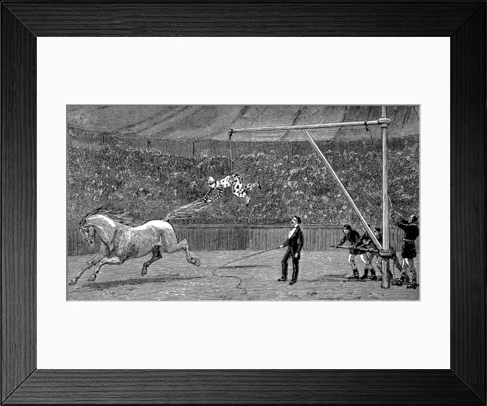 Framed Print : Clown learning to ride bare-back horses, c. 1888 Framed Print : Clown learning to ride bare-back horses, c. 1888