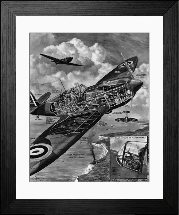 Framed Print : Cutaway Diagram of a Supermarine Spitfire