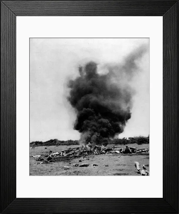 Framed Print : The Burning Wreck of a German Fighter; Second World War, 194