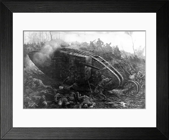 Framed Print : British Tank attacking German positions; First World War, 19 Framed Print : British Tank attacking German positions; First World War, 19