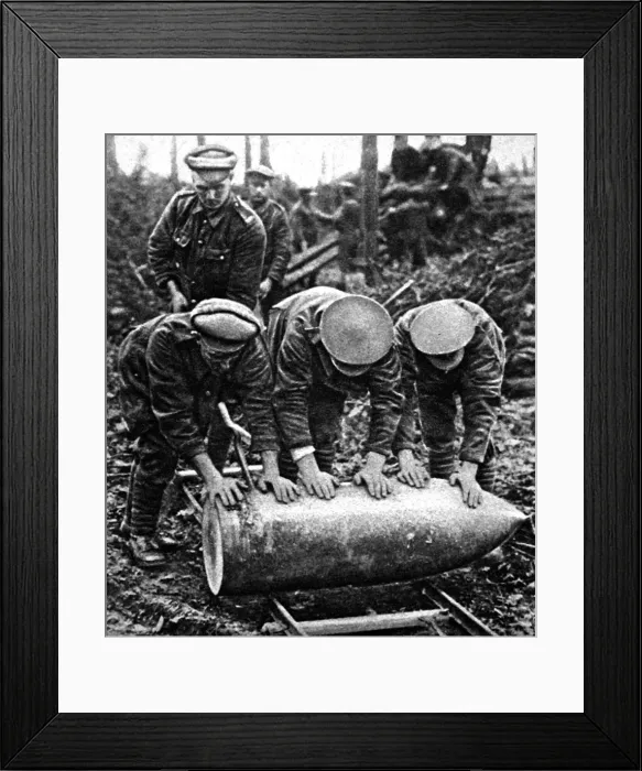 Framed Print : British Artillerymen with a large shell; First World War, 19