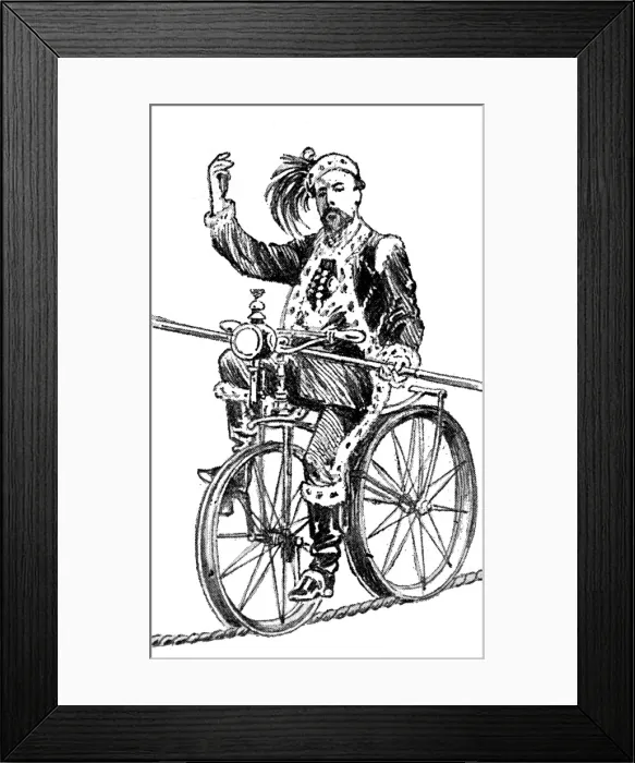 Framed Print : Blondin riding a bicycle on a high-wire, 19th century Framed Print : Blondin riding a bicycle on a high-wire, 19th century