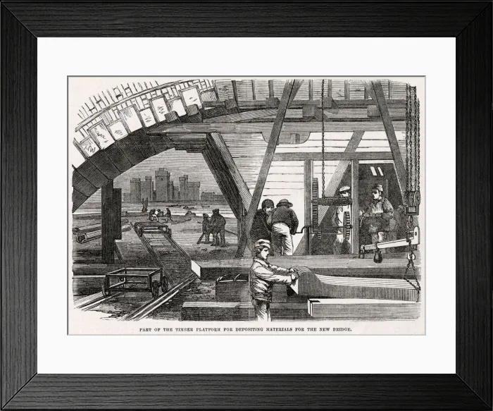 Framed Print : Construction of the new bridge : part of the platform for depositing materials Framed Print : Construction of the new bridge : part of the platform for depositing materials