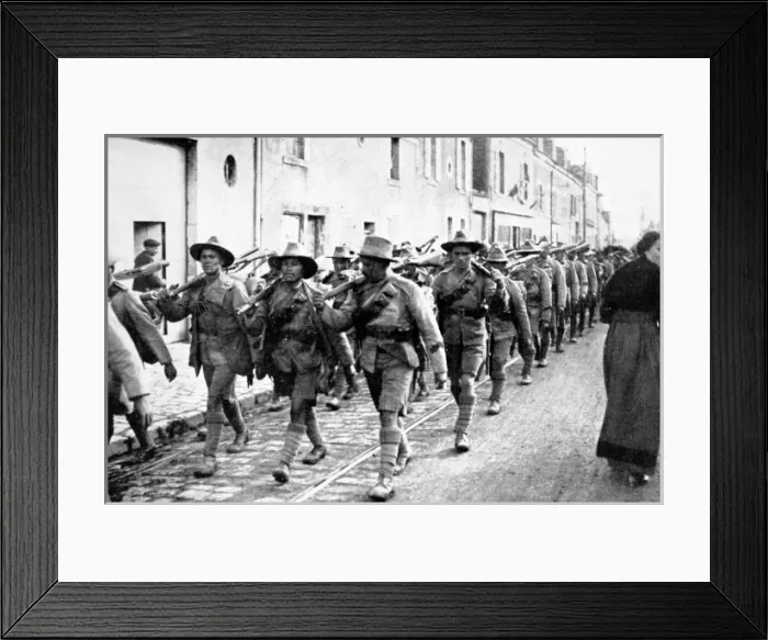 Framed Print : Gurkhas on the march through a French town Framed Print : Gurkhas on the march through a French town