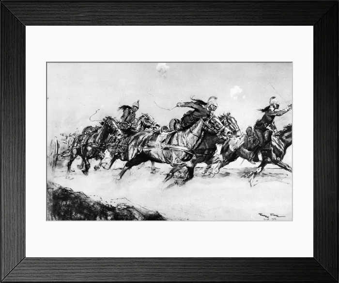 Framed Print : Galloping a machine gun into action: A French Dragoon Mitrailleuse section dashing forward under fire