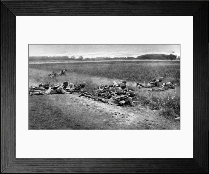Framed Print : On duty with the allies in France: Indian Infantry taking cover while attacking Framed Print : On duty with the allies in France: Indian Infantry taking cover while attacking