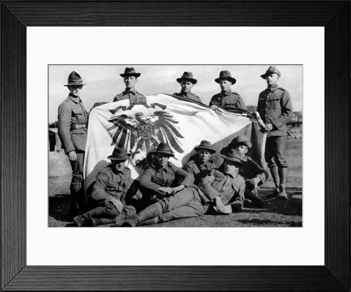 Framed Print : Soldiers from the New Zealand Expeditionary Force posed with the captured Imperial German Standard