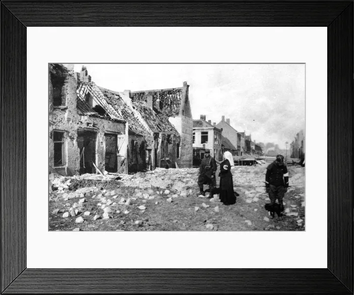 Framed Print : Photographed during the fierce German bombardment of the town: A ruined street in Nieuport Framed Print : Photographed during the fierce German bombardment of the town: A ruined street in Nieuport