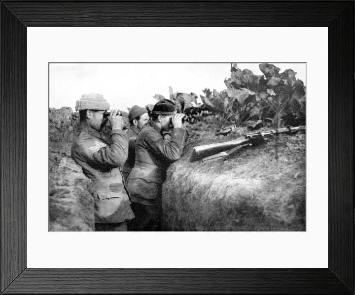Framed Print : Looking for the daring German sniper: British soldiers engaged in locating one of the enemys sharpshooters Framed Print : Looking for the daring German sniper: British soldiers engaged in locating one of the enemys sharpshooters