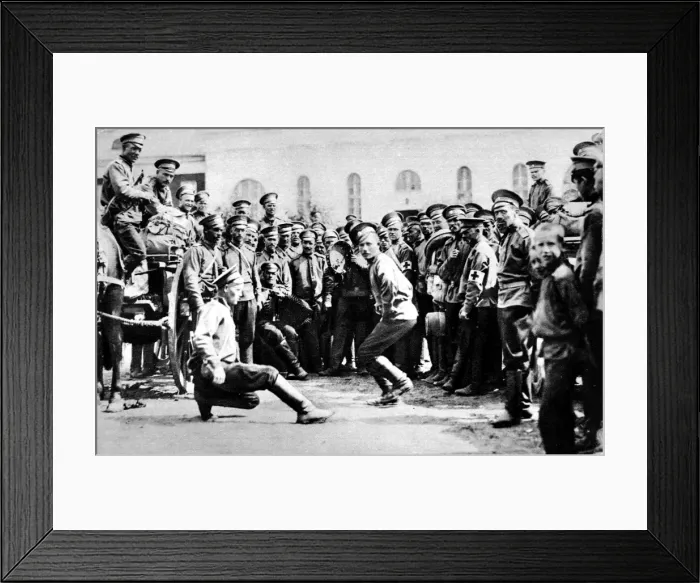Framed Print : Russian soldiers celebrating good news from the front with dance and music Framed Print : Russian soldiers celebrating good news from the front with dance and music