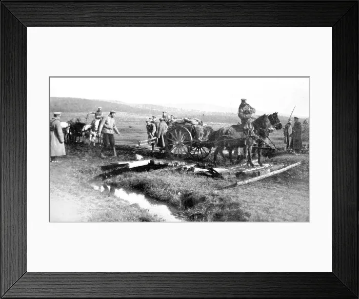 Framed Print : The efficient transport service of the Russian army, a mended road in Poland