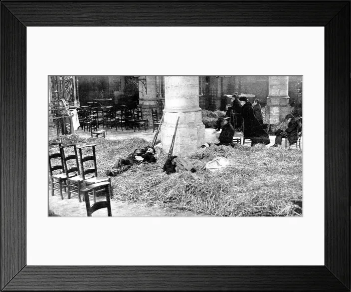 Framed Print : Belgian soldiers sleep in a church while women and civilians pray for their countrs liberation