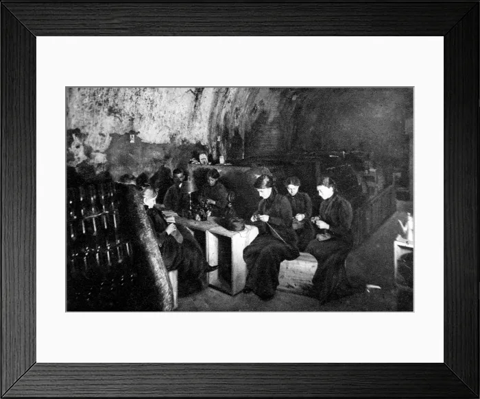 Framed Print : Women knitting in a wine-cellar in a much bombarded Rheims Framed Print : Women knitting in a wine-cellar in a much bombarded Rheims