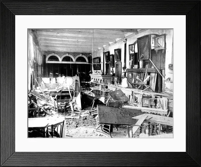 Framed Print : A Scarborough Hotel wrecked by German shells: The devastated saloon of the Grand Framed Print : A Scarborough Hotel wrecked by German shells: The devastated saloon of the Grand