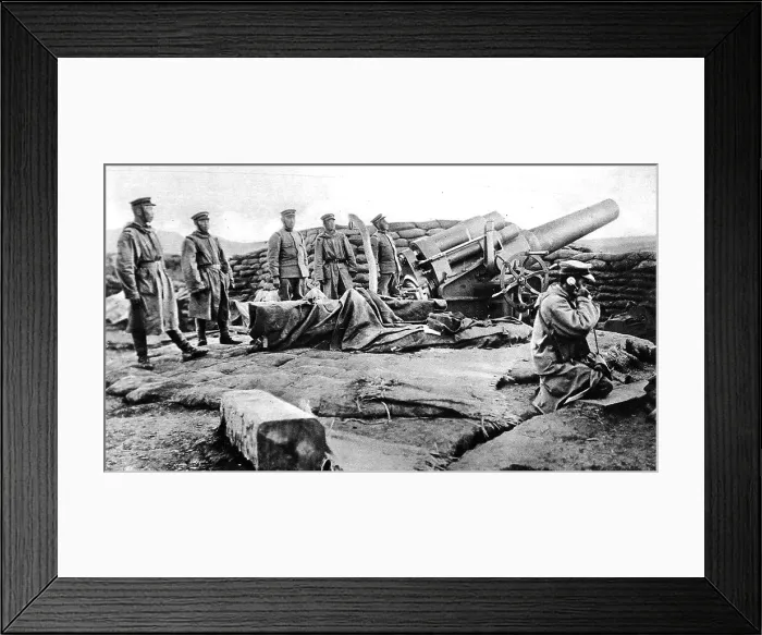 Framed Print : In the batteries against Tsing-Tau: A Japanese siege-gun getting the order by telephone to open fire Framed Print : In the batteries against Tsing-Tau: A Japanese siege-gun getting the order by telephone to open fire