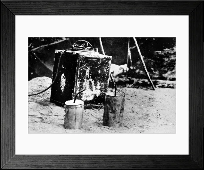Framed Print : A land mine and emergency hand grenades captured from German troops Framed Print : A land mine and emergency hand grenades captured from German troops