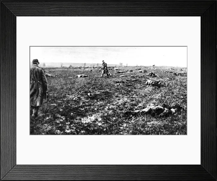 Framed Print : After a fight in Champagne: Bodies of fallen German soldiers strewn over a battlefield after action Framed Print : After a fight in Champagne: Bodies of fallen German soldiers strewn over a battlefield after action