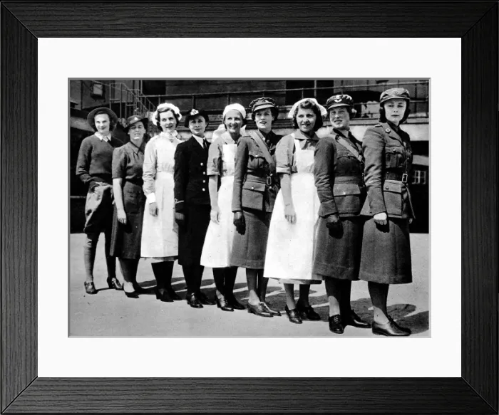 Framed Print : Female Harrods Employees in War-time Uniform, 1940 Framed Print : Female Harrods Employees in War-time Uniform, 1940